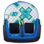 Top view of the 2G-XT two-person towable with a blue, white, and green geometric design, handles, and black seat panels.