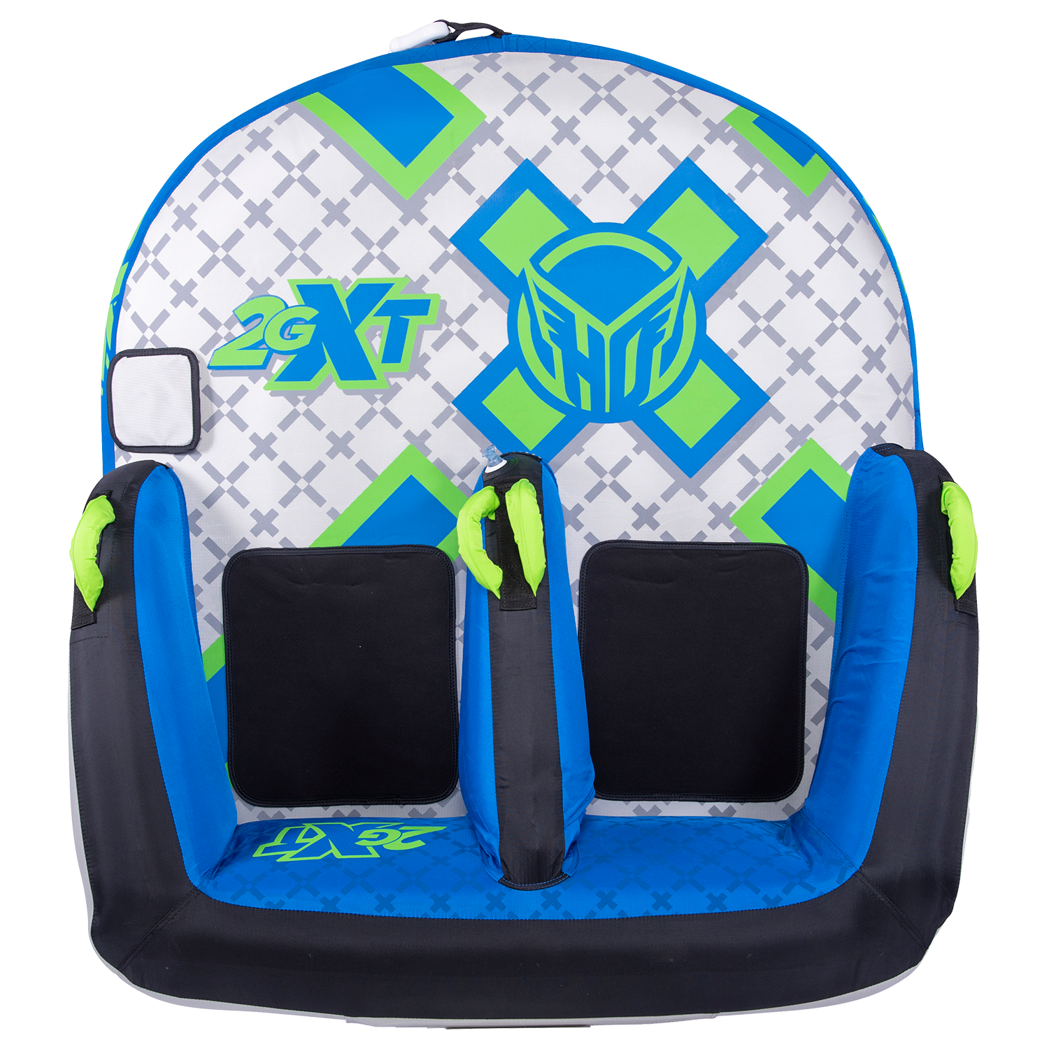 Top view of the 2G-XT two-person towable with a blue, white, and green geometric design, handles, and black seat panels.