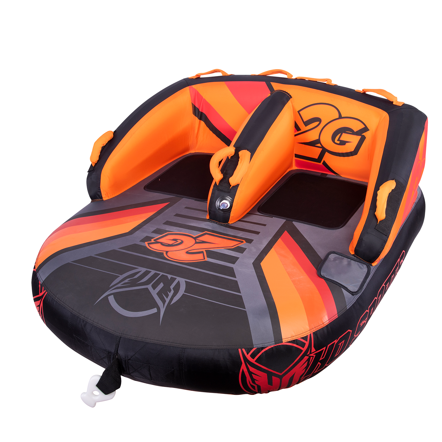 Right-angle view of the 2G Tube two-person towable with a black, orange, and red design, dual backrests, and padded handles.