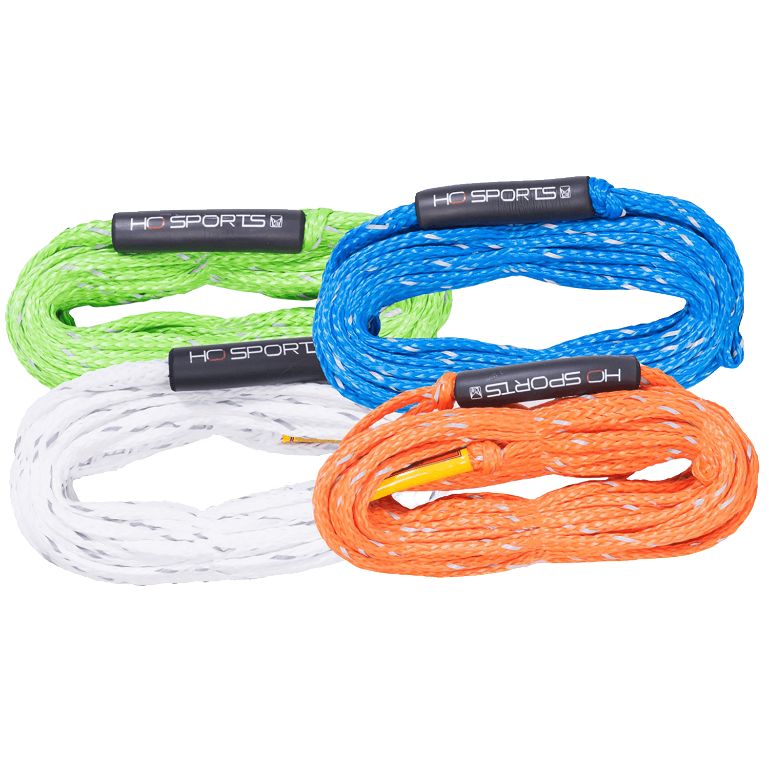 Top view of four color options for the 2k Safety Tube Rope: white, green, orange, and blue.