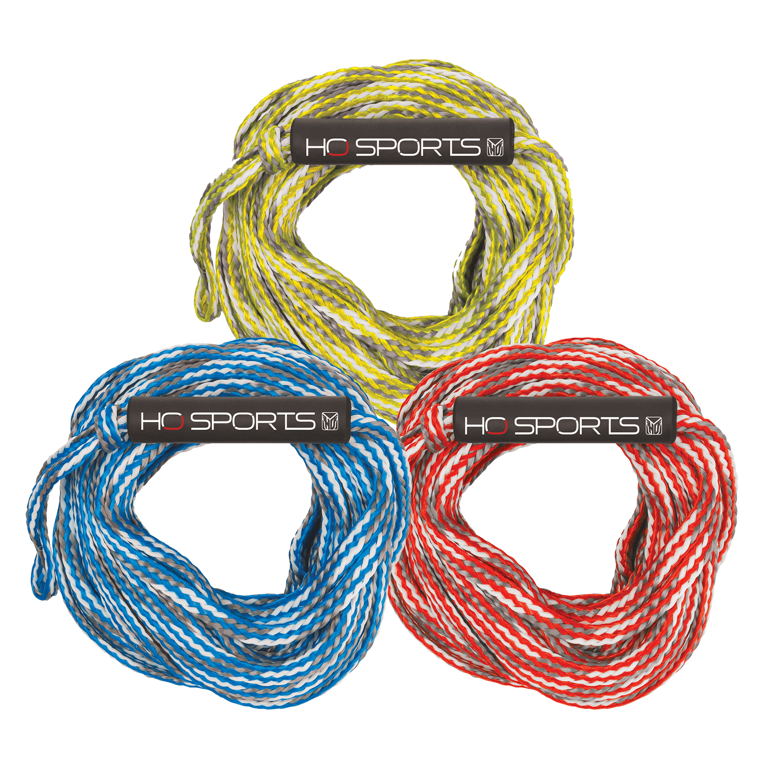 Three coiled 2K Tube Ropes in yellow, blue, and red, each with a black "HO Sports" handle wrap.