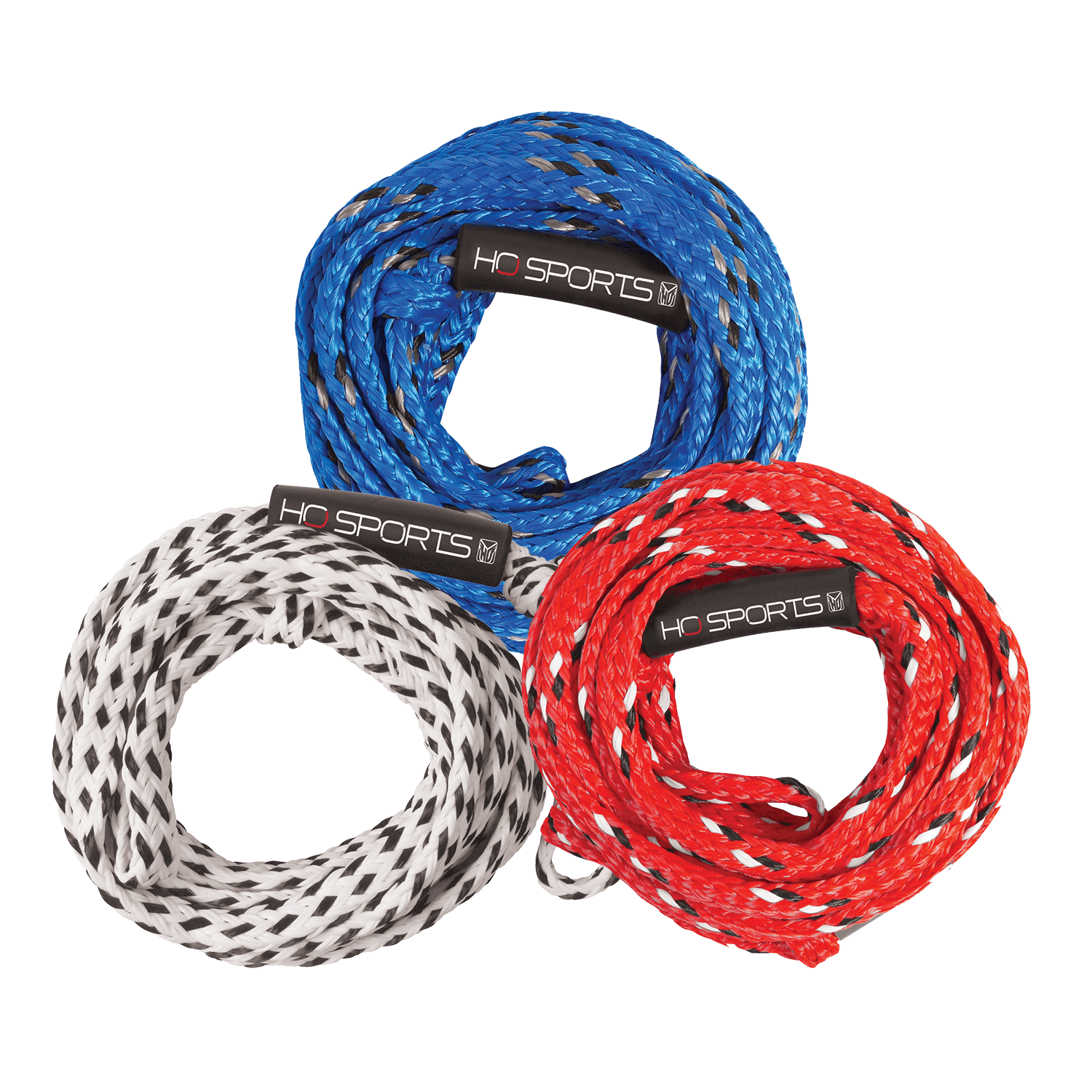 Coiled 6k Tube Rope in red, white, and blue with black accents, featuring HO Sports branding on the rope wrap.