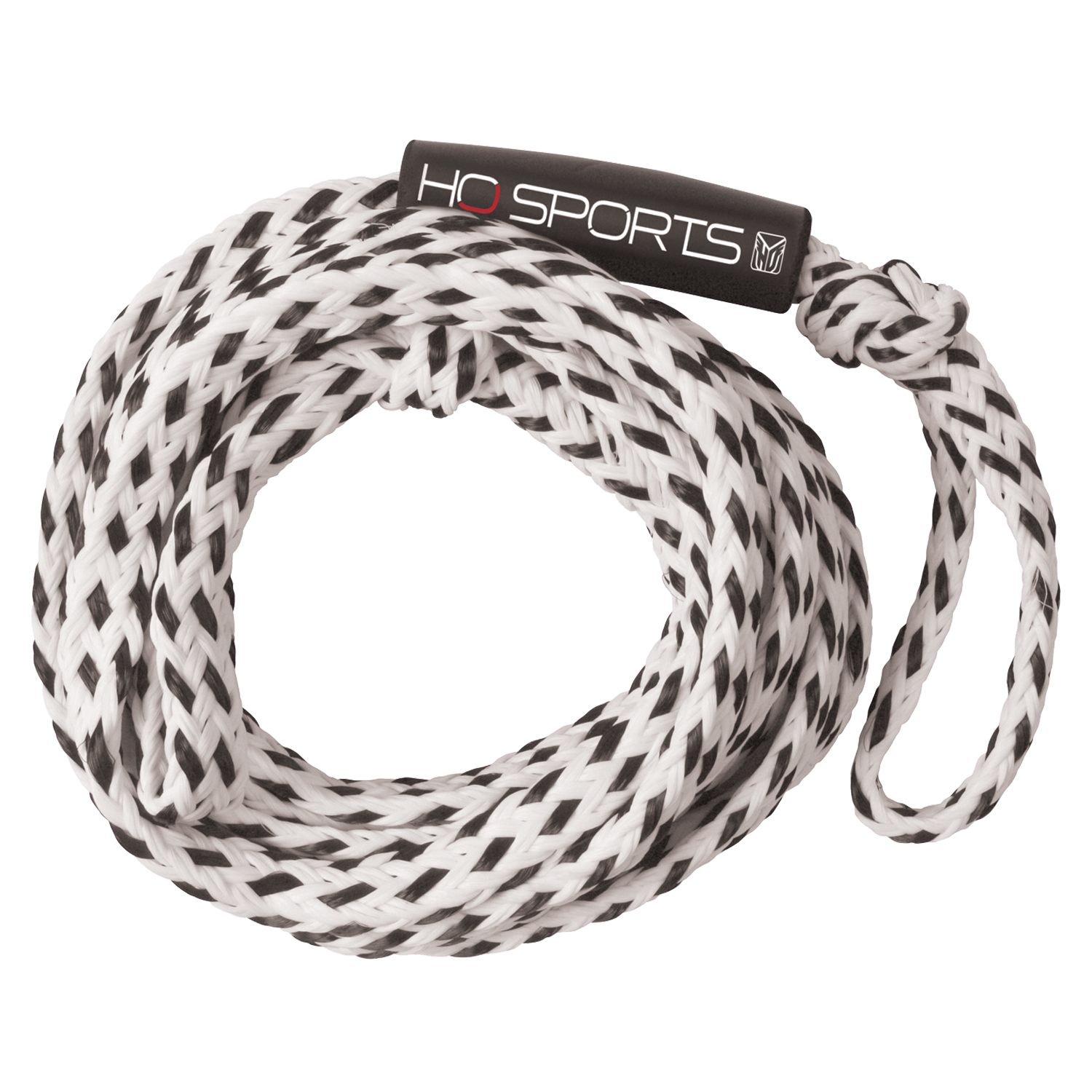 Coiled 6k Tube Rope in white with black accents, featuring HO Sports branding on the rope wrap.