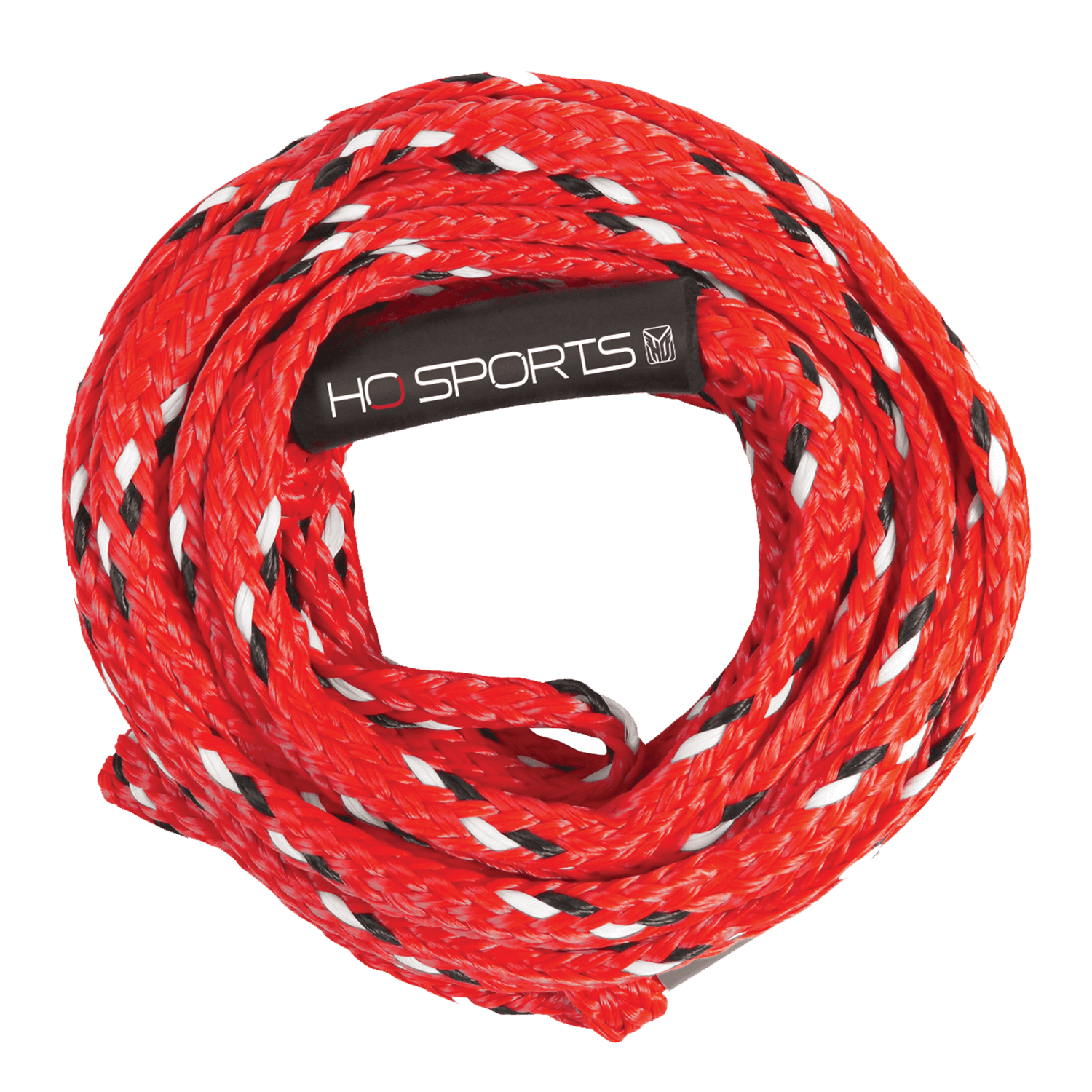 Coiled 6k Tube Rope in red with black accents, featuring HO Sports branding on the rope wrap.