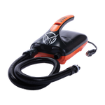 Three-quarter view of the black and orange iPUMP with a curved handle, coiled hose, and a 12V power plug attachment.