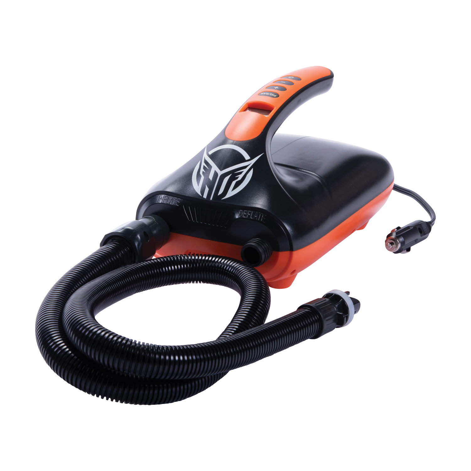 Three-quarter view of the black and orange iPUMP with a curved handle, coiled hose, and a 12V power plug attachment.