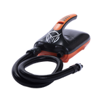 Three-quarter view of the black and orange iPUMP with an ergonomic handle, dual ports, and a coiled inflation hose.