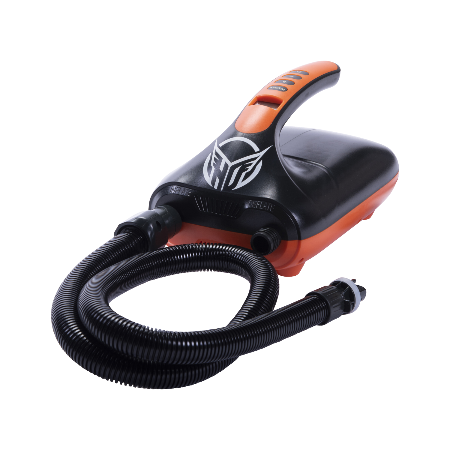 Three-quarter view of the black and orange iPUMP with an ergonomic handle, dual ports, and a coiled inflation hose.