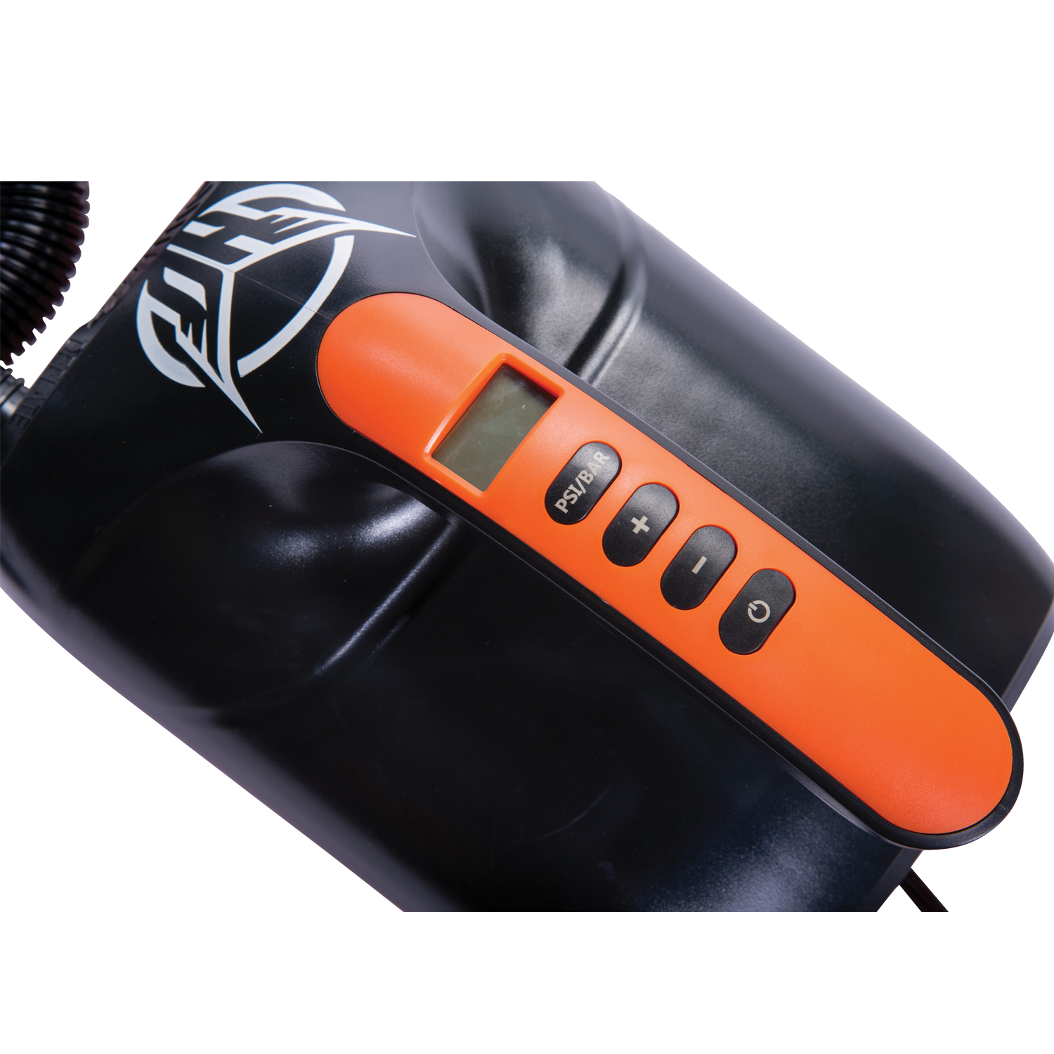 Close-up of the black and orange iPUMP, featuring a digital display, control buttons, and a sleek curved design.