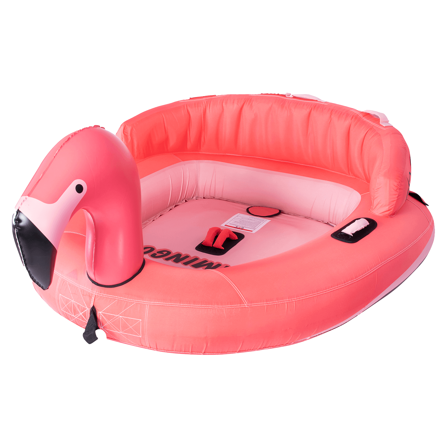 Bright pink Flamingo towable tube with an inflatable neck, black beak, and a cushioned backrest.