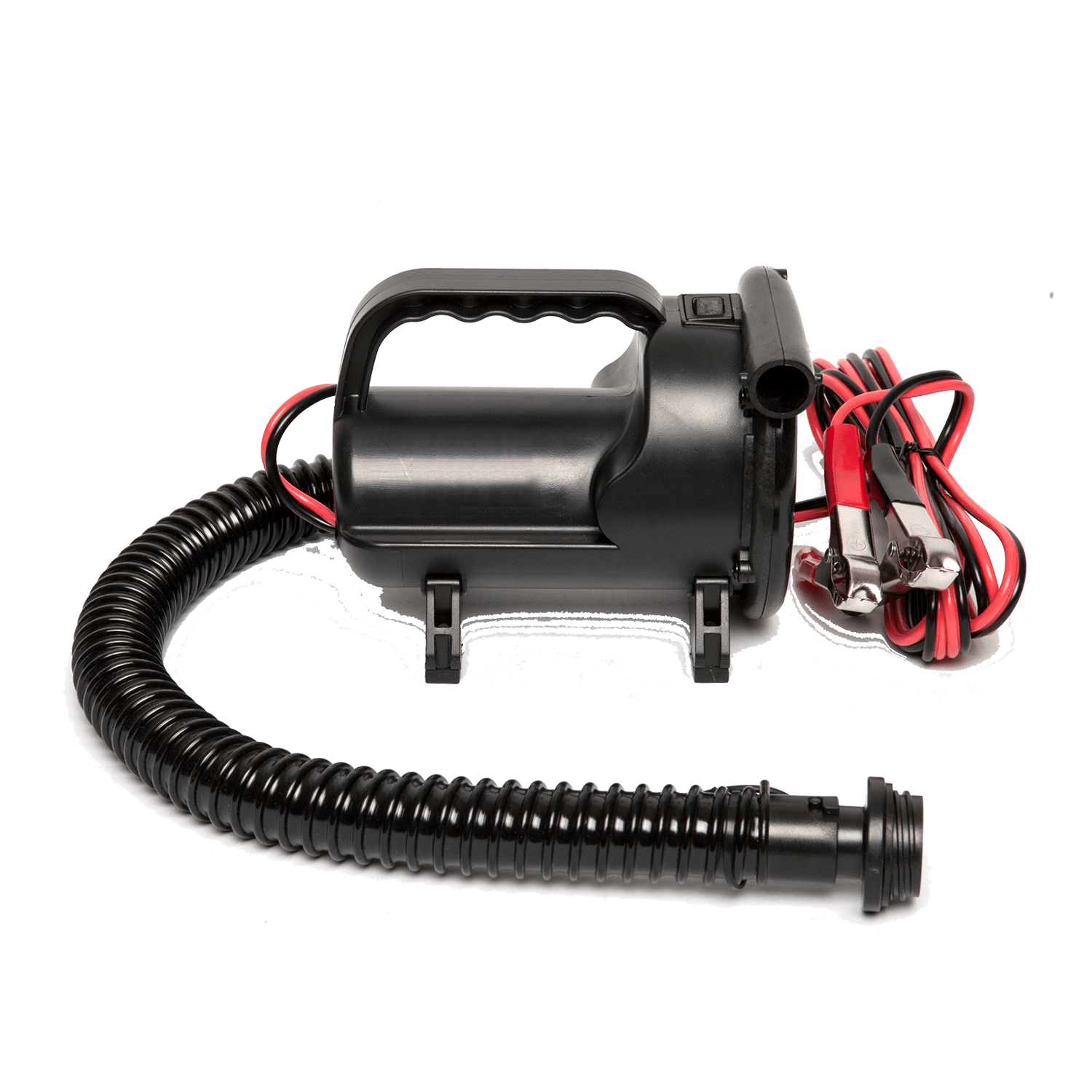 Side view of the High Volume Tube Pump, a black electric pump with a coiled hose and red and black alligator clips.