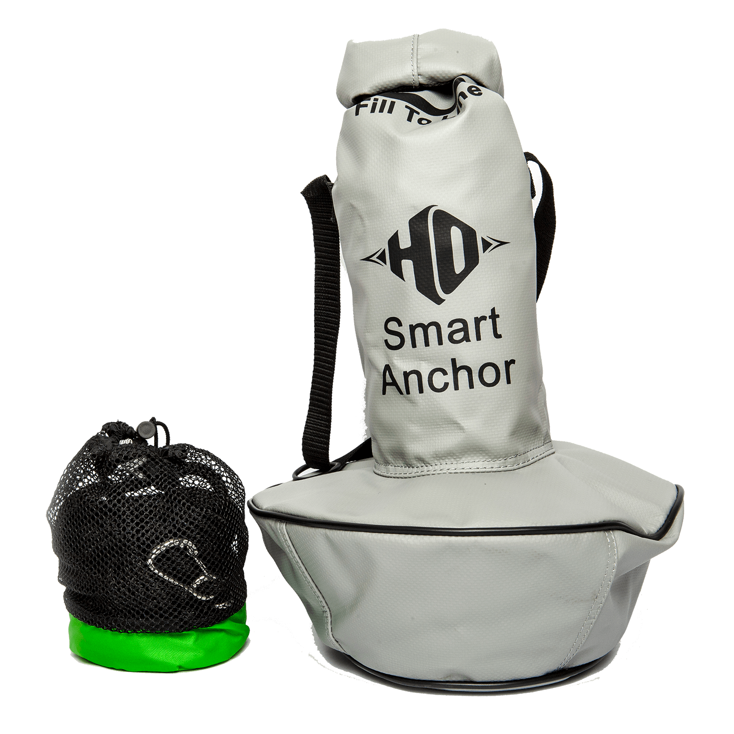 Front view of the HO Smart Anchor, a gray portable anchor bag with black straps, a mesh storage pouch, and green base.