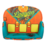 Top view of the Laguna 3 towable tube in teal, yellow, and orange with a tropical print and seating for three.