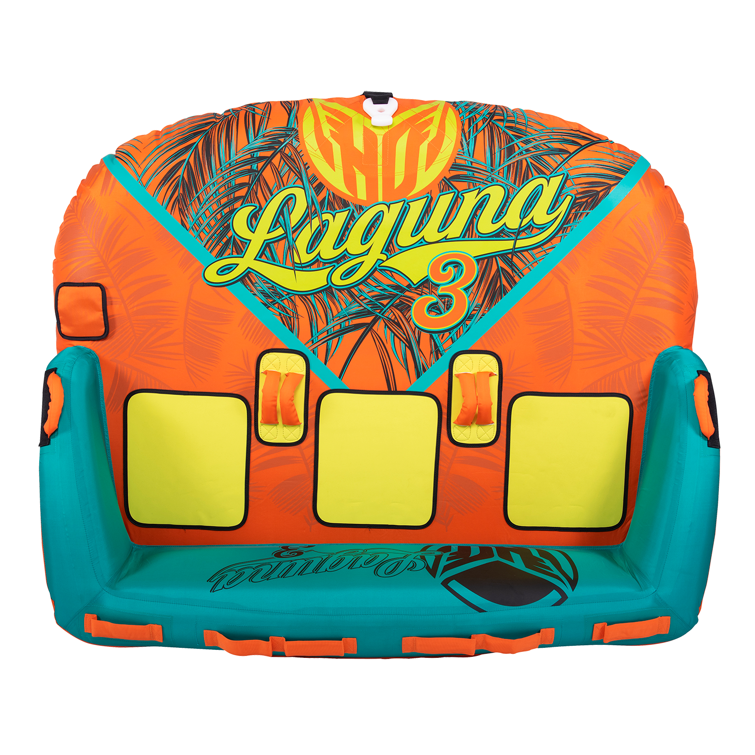 Top view of the Laguna 3 towable tube in teal, yellow, and orange with a tropical print and seating for three.