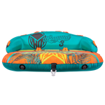 Front view of the Laguna 3 towable tube in teal, yellow, and orange with a tropical print and seating for three.