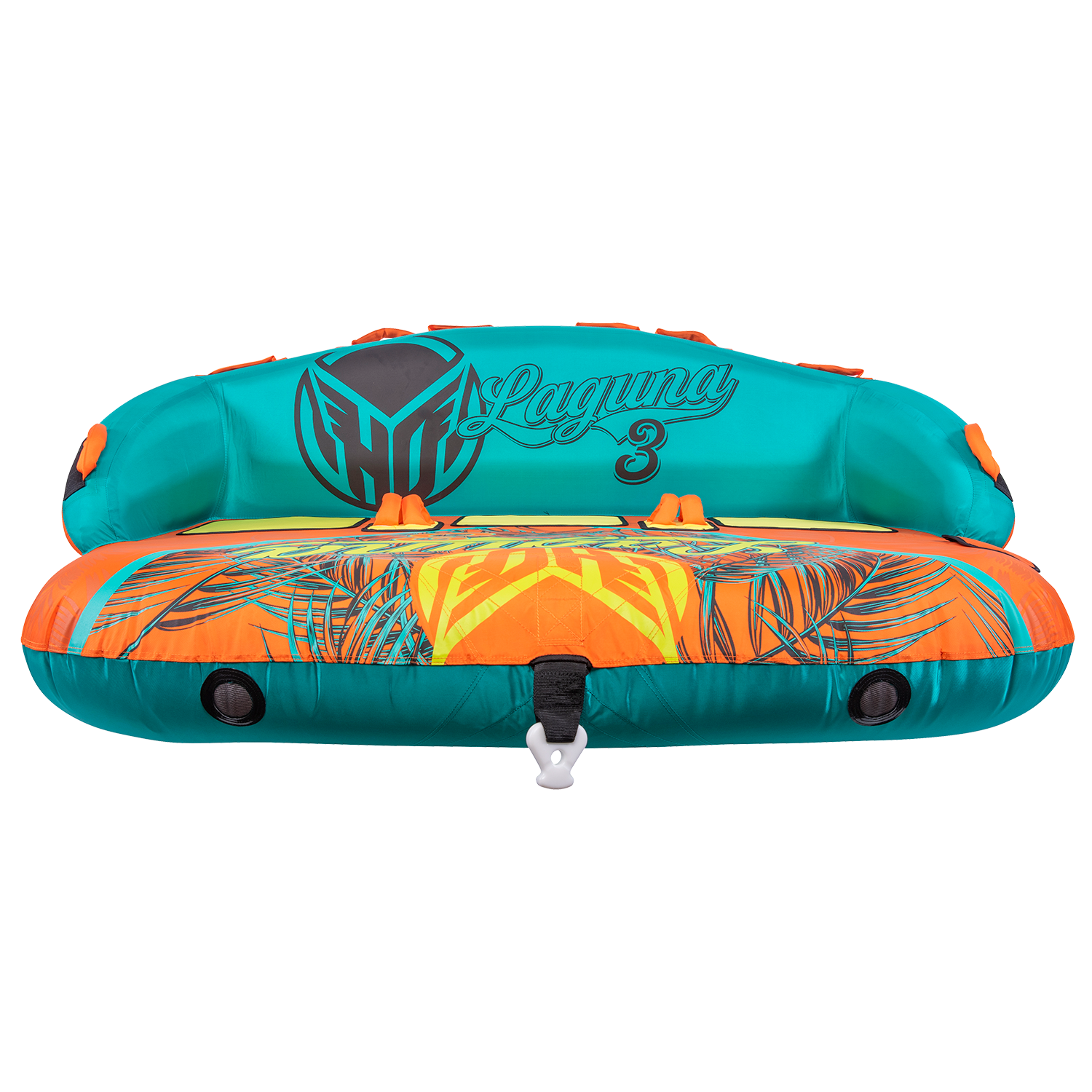 Front view of the Laguna 3 towable tube in teal, yellow, and orange with a tropical print and seating for three.