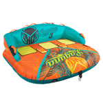 Angled view of the Laguna 3 towable tube in teal, yellow, and orange with a tropical print and seating for three.