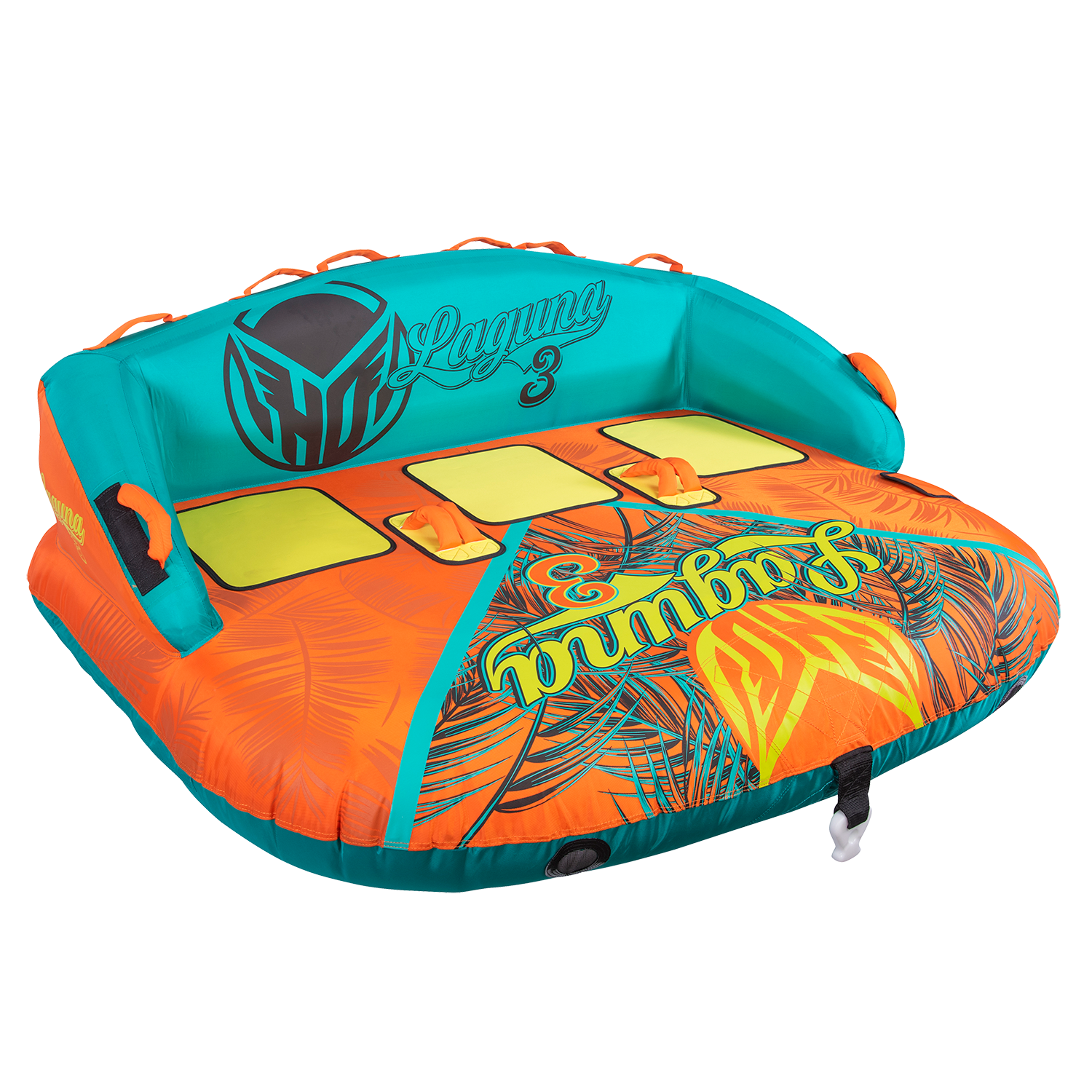 Angled view of the Laguna 3 towable tube in teal, yellow, and orange with a tropical print and seating for three.