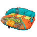 Angled right-side view of the Laguna 3 towable tube in teal, yellow, and orange with a tropical print and seating for three.