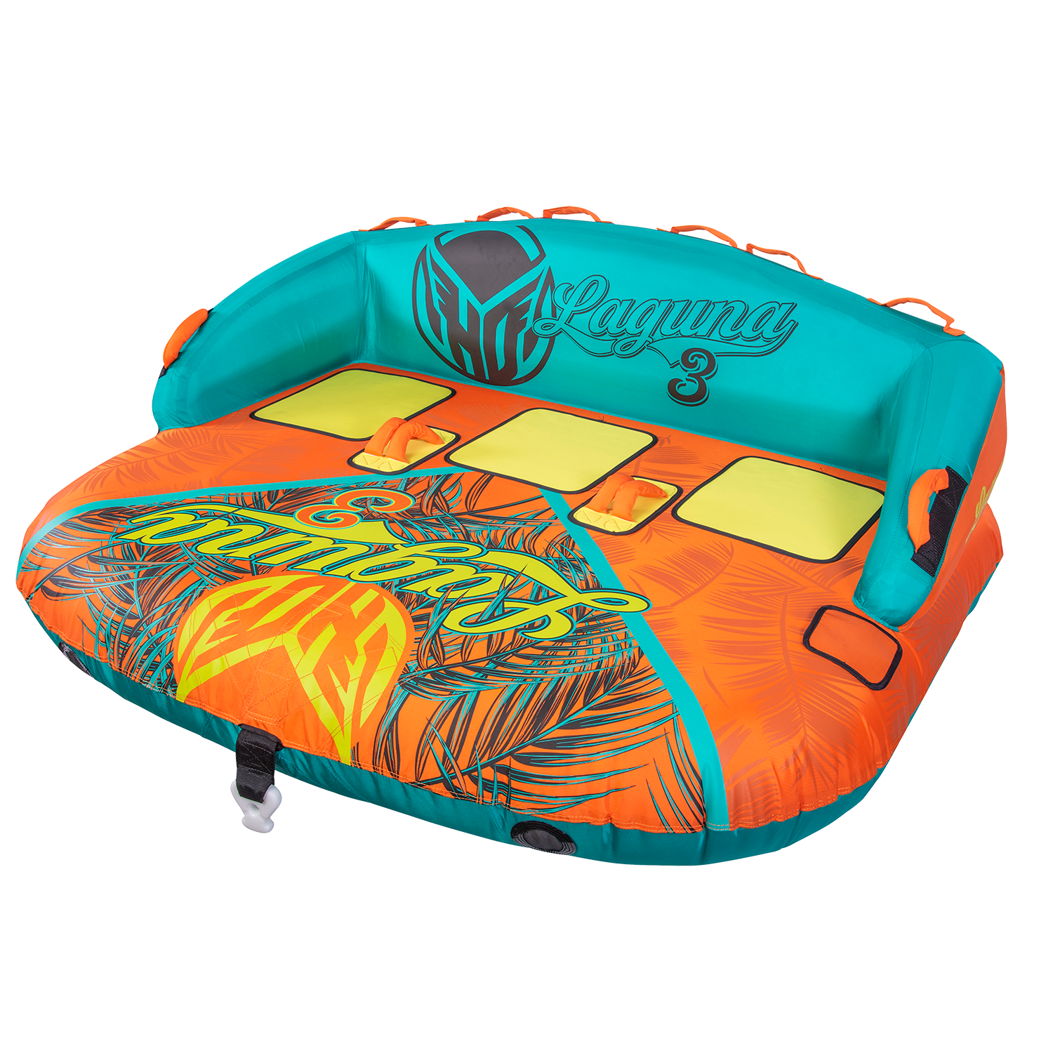 Angled right-side view of the Laguna 3 towable tube in teal, yellow, and orange with a tropical print and seating for three.