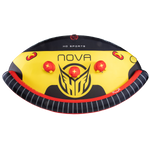 Top view of Nova 4 towable tube in yellow, black, and red with three inflatable red backrests, handles, and bold graphics.