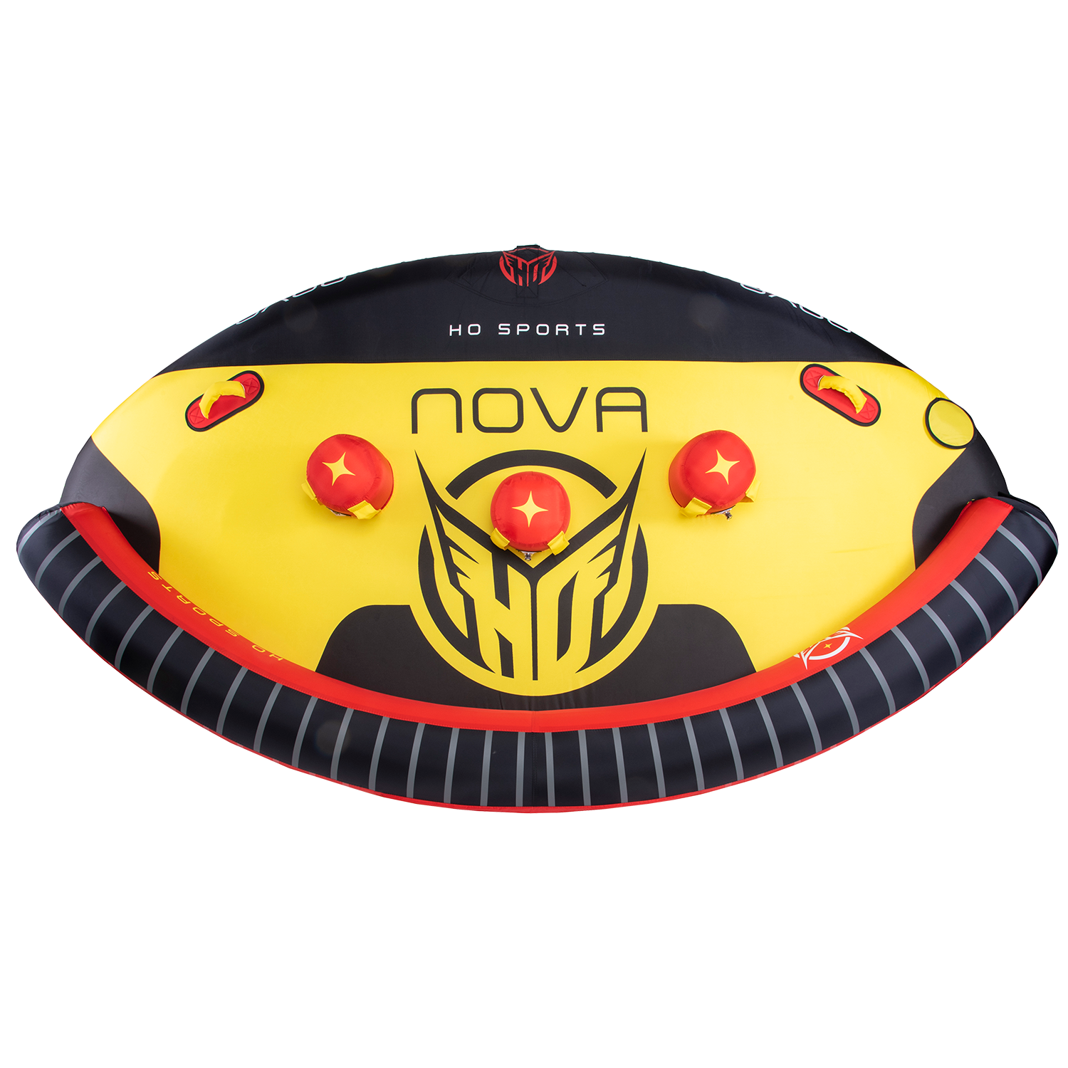 Top view of Nova 4 towable tube in yellow, black, and red with three inflatable red backrests, handles, and bold graphics.