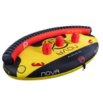 Left-angle view of Nova 4 tube in yellow, black, and red with three inflatable red backrests, handles, and bold graphics.