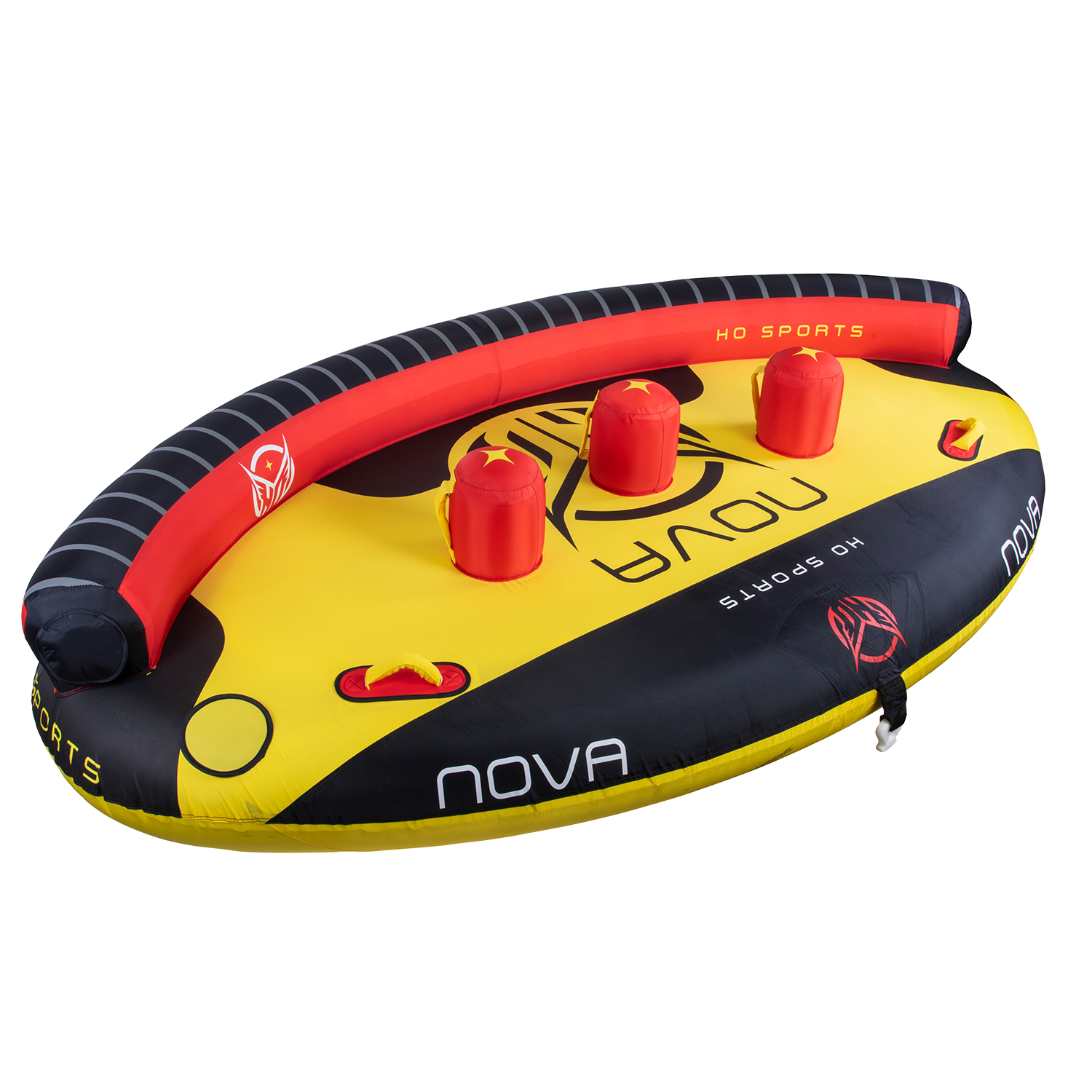 Left-angle view of Nova 4 tube in yellow, black, and red with three inflatable red backrests, handles, and bold graphics.