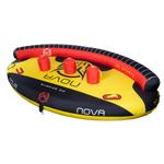 Right-angle view of Nova 4 tube in yellow, black, and red with three inflatable red backrests, handles, and bold graphics.