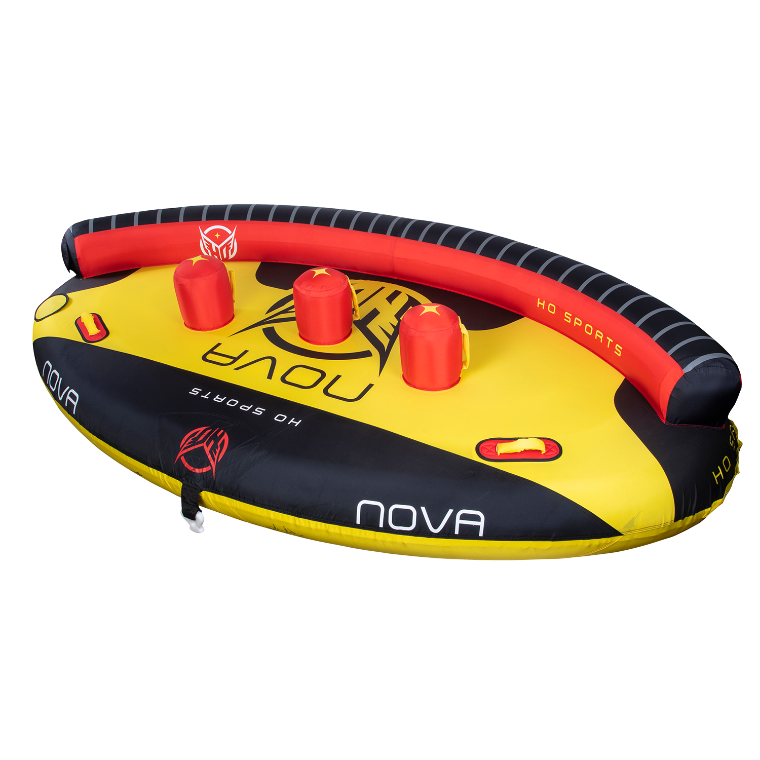 Right-angle view of Nova 4 tube in yellow, black, and red with three inflatable red backrests, handles, and bold graphics.