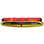 Front view of Nova 4 towable tube in yellow, black, and red with three inflatable red backrests, handles, and bold graphics.