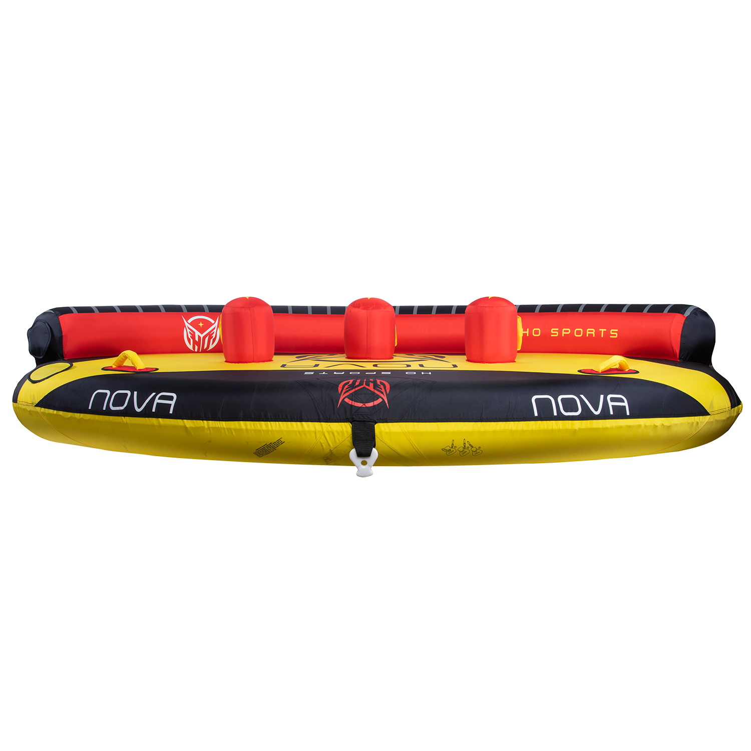 Front view of Nova 4 towable tube in yellow, black, and red with three inflatable red backrests, handles, and bold graphics.