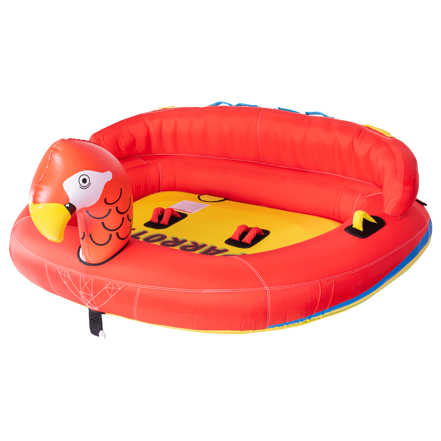 Angled view of the Parrot towable tube, featuring a red and yellow parrot design with an inflatable backrest and red handles.