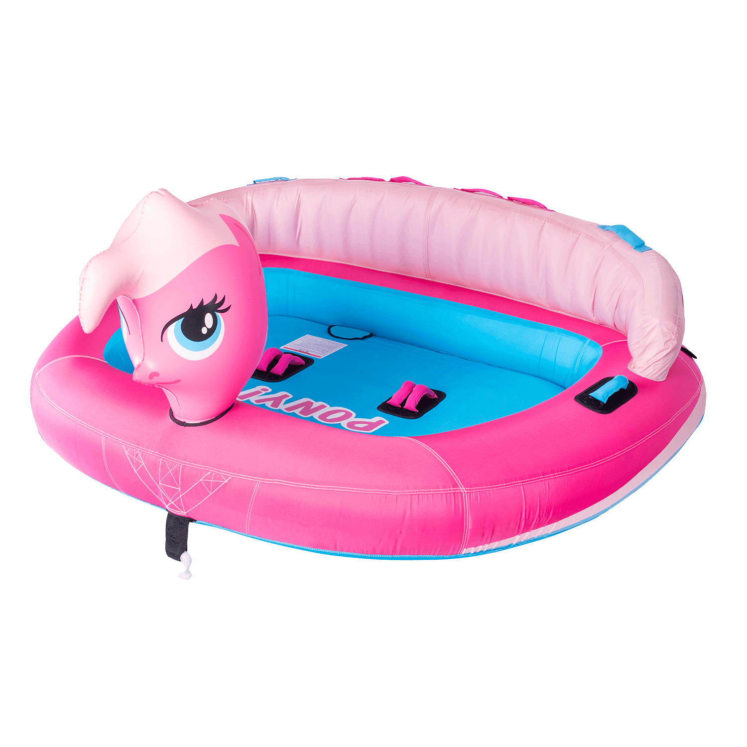 Angled view of the Pony towable tube, featuring a pink and blue pony design with an inflatable backrest and pink handles.