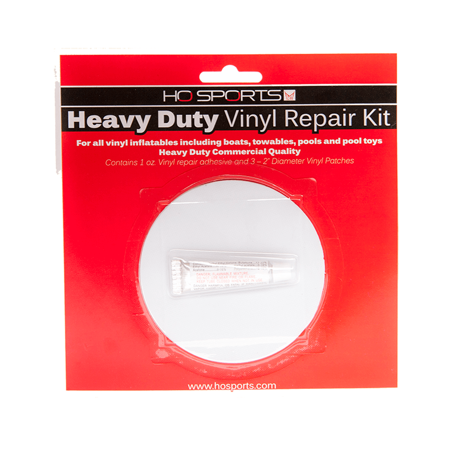 Front view of PVC Tube Repair Kit in red packaging with a clear window showing a tube of adhesive and vinyl patches.