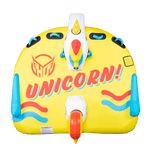 Top view of Unicorn, a yellow inflatable towable with "Unicorn!" printed in red and blue, showing the unicorn head and tail.