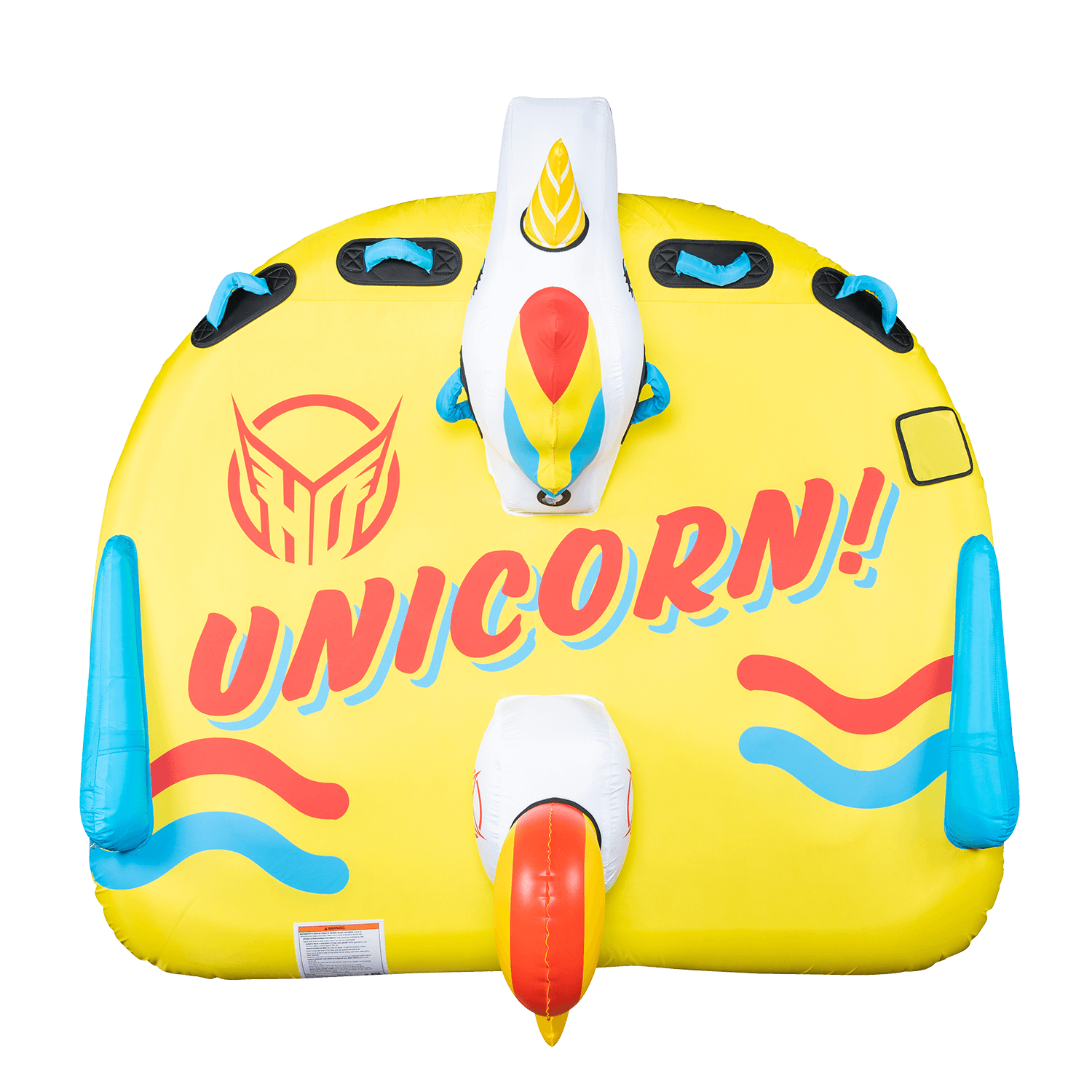 Top view of Unicorn, a yellow inflatable towable with "Unicorn!" printed in red and blue, showing the unicorn head and tail.