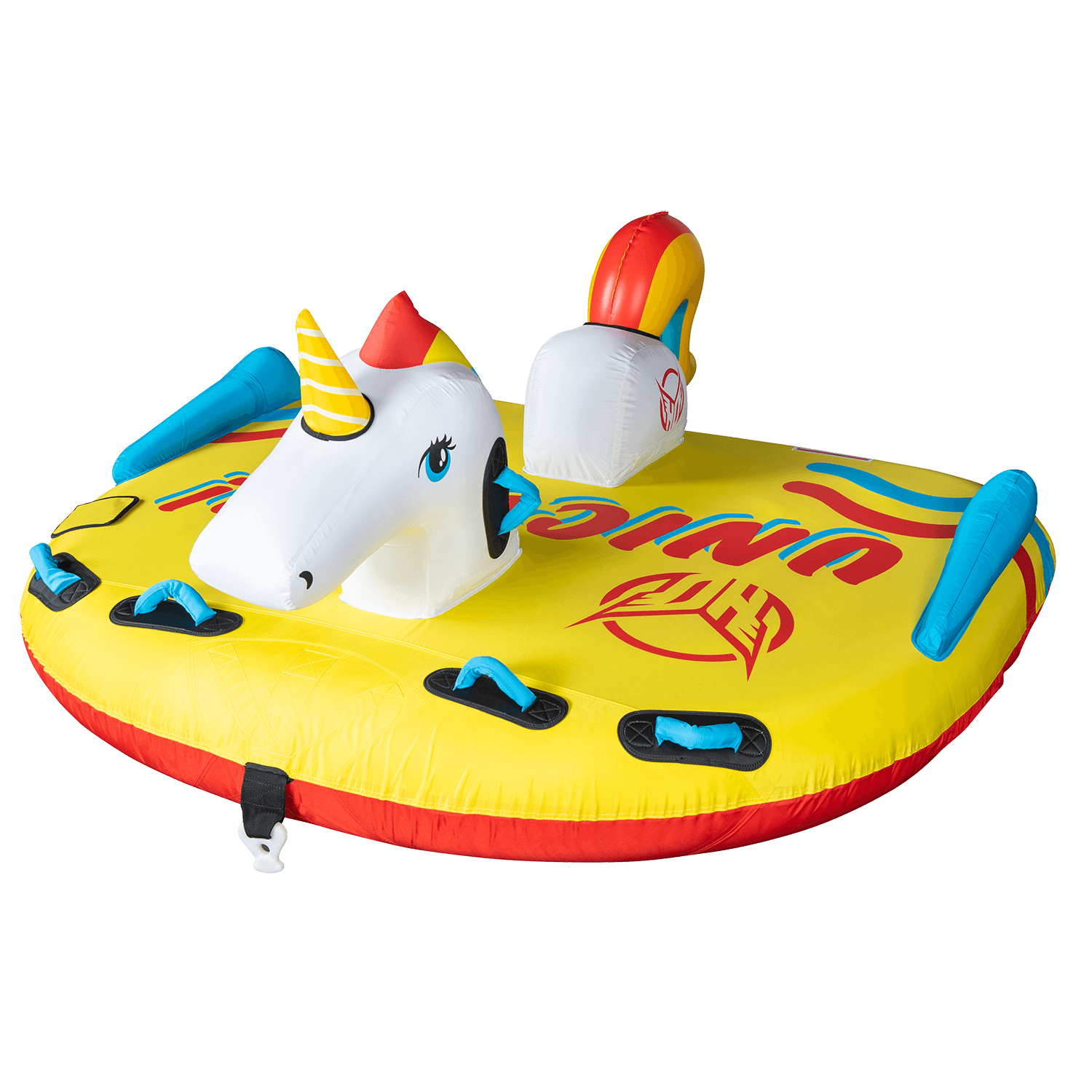 Side angled view of Unicorn, a yellow inflatable towable with a unicorn head and rainbow tail, featuring multiple handles.