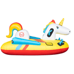 Side view of Unicorn, a yellow inflatable towable with "Unicorn!" printed in red and blue, showing the unicorn head and tail.