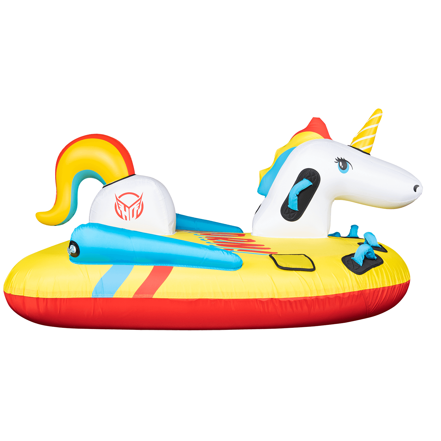 Side view of Unicorn, a yellow inflatable towable with "Unicorn!" printed in red and blue, showing the unicorn head and tail.