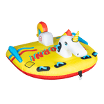 Front angled view of Unicorn, a yellow inflatable towable with a white unicorn head, rainbow tail, and blue handles.