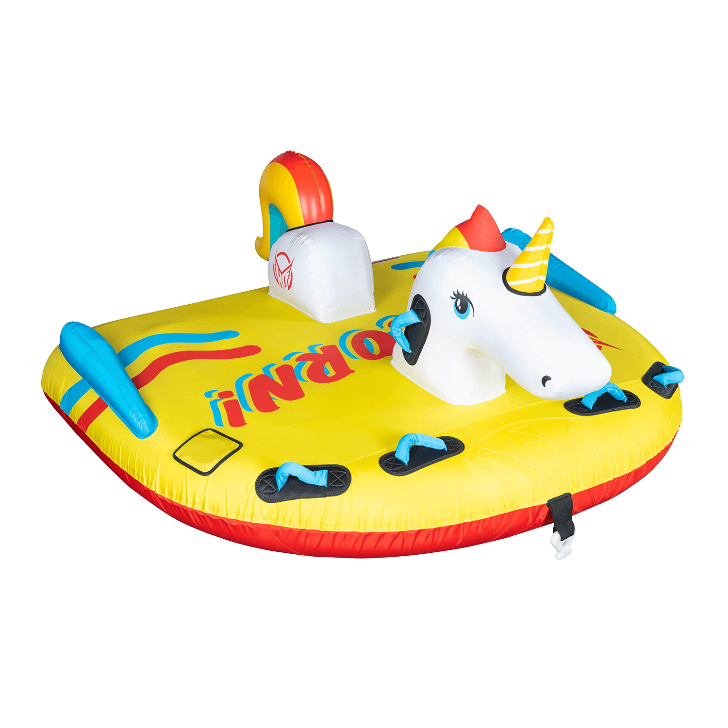 Front angled view of Unicorn, a yellow inflatable towable with a white unicorn head, rainbow tail, and blue handles.