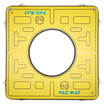 Top view of the Pac Mat inflatable water mat, featuring a yellow design with a maze pattern and blue branding.