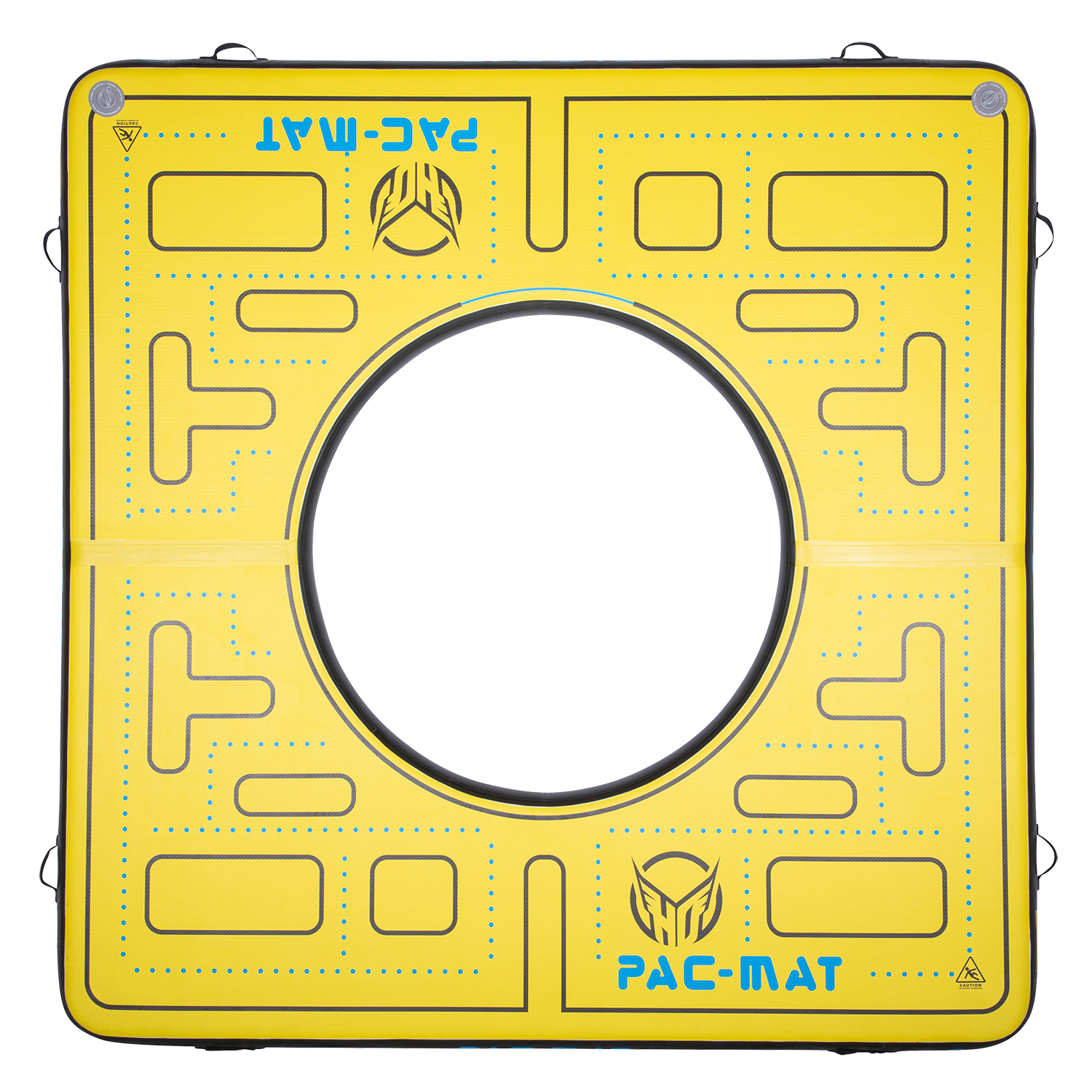 Top view of the Pac Mat inflatable water mat, featuring a yellow design with a maze pattern and blue branding.