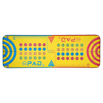 Top view of the Play PAD inflatable mat, featuring a yellow surface with blue and red game-inspired graphics, including target zones and score markings.