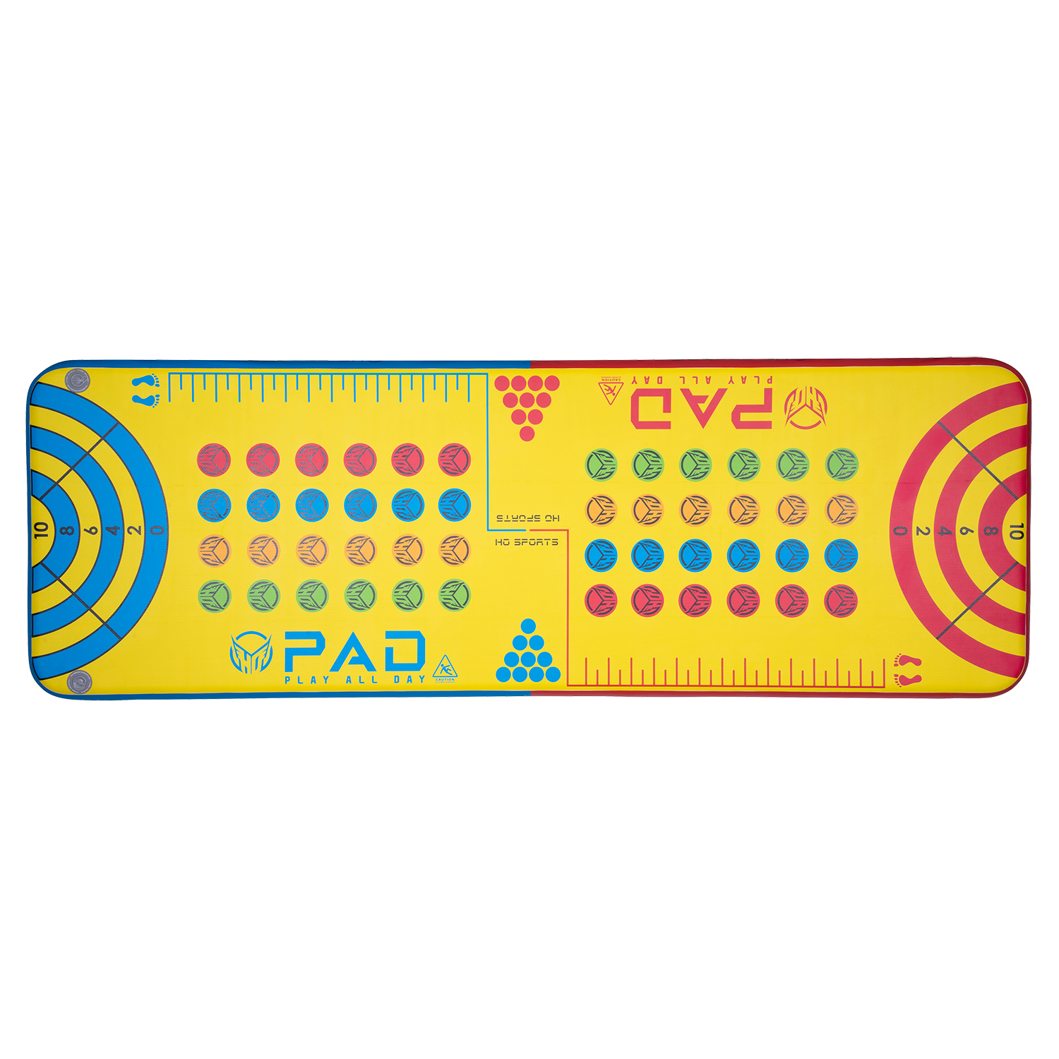 Top view of the Play PAD inflatable mat, featuring a yellow surface with blue and red game-inspired graphics, including target zones and score markings.