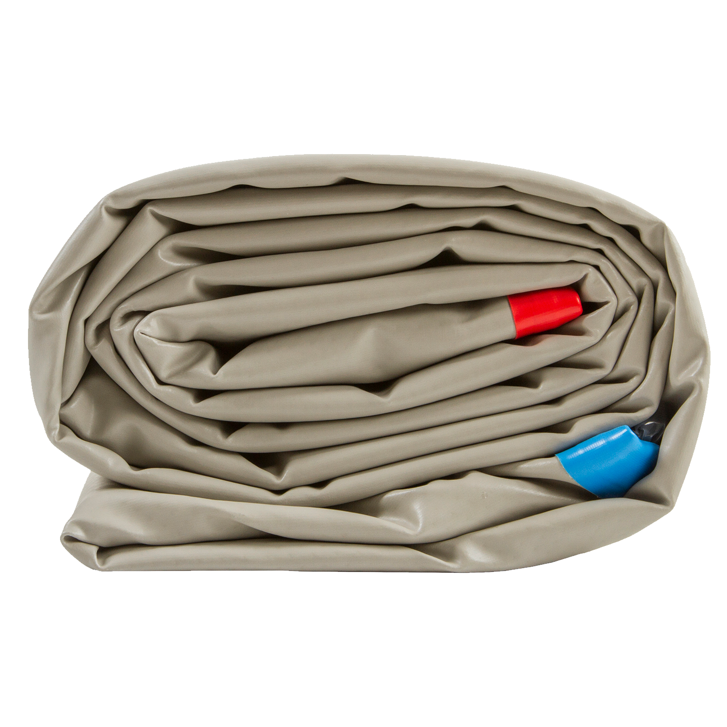 Side view of the folded Play PAD mat, rolled up with red and blue inflation valves visible.