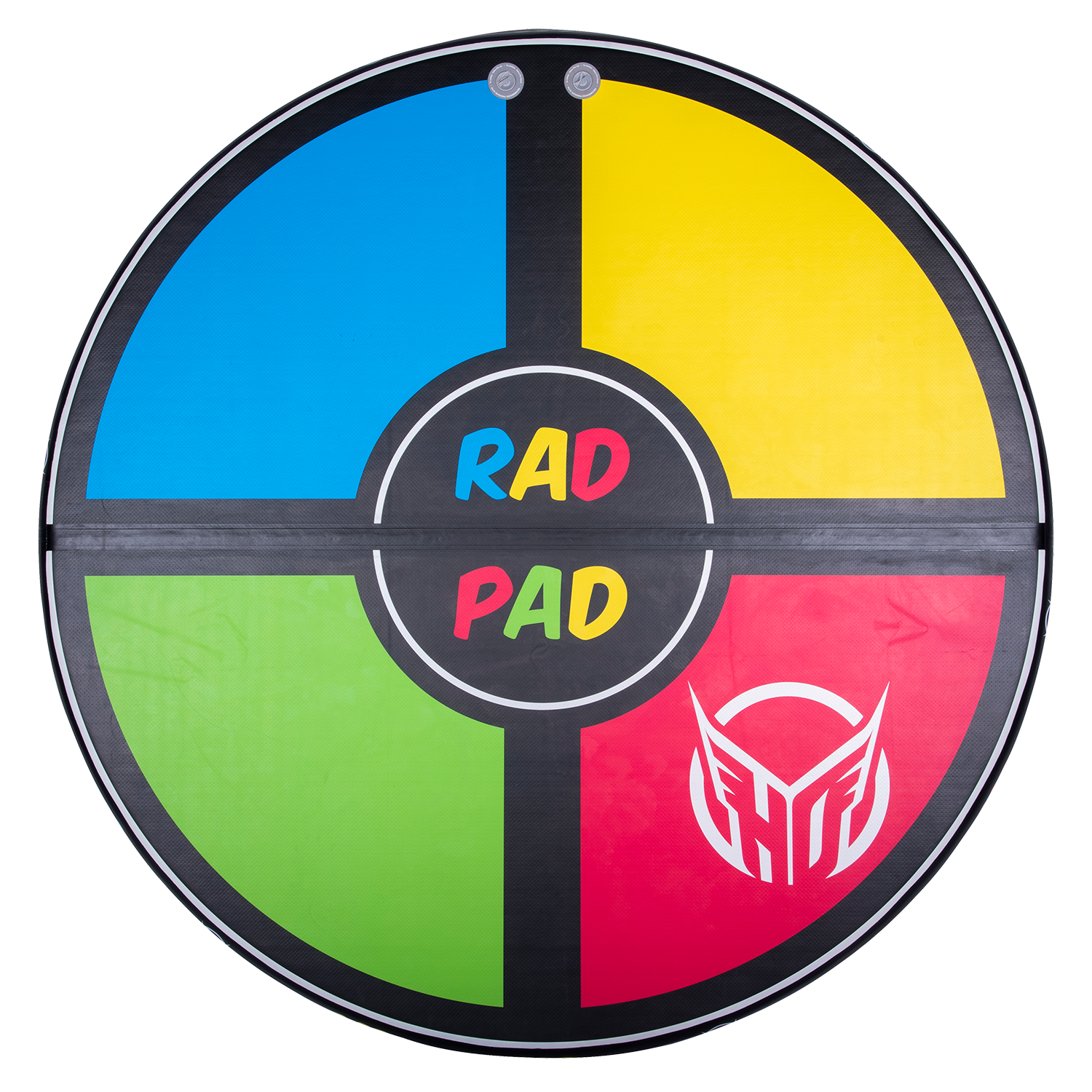 Top view of RAD PAD featuring a circular black design with blue, yellow, green, and red sections and an HO logo.