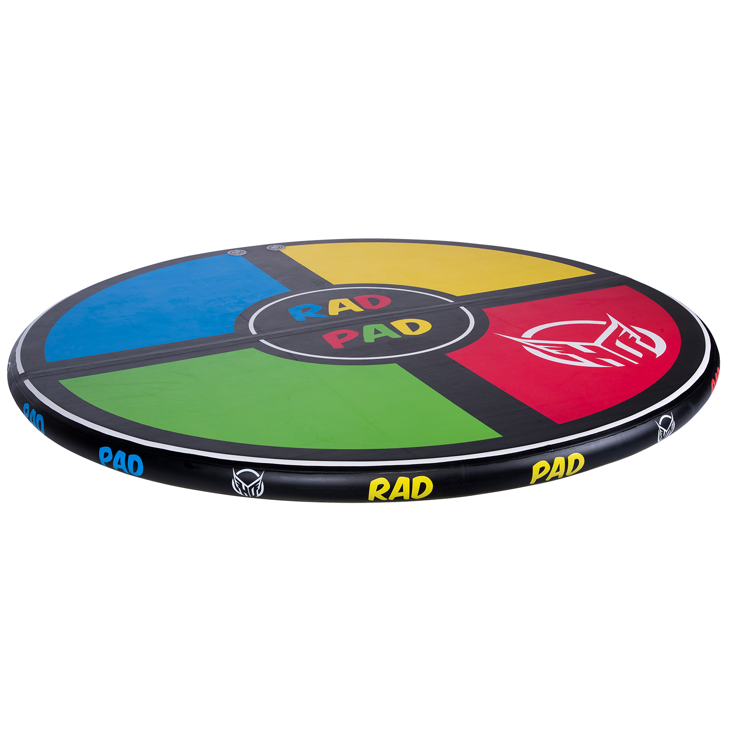 Left-angled view of RAD PAD showing its inflatable black body with a multicolor top and "RAD PAD" text.