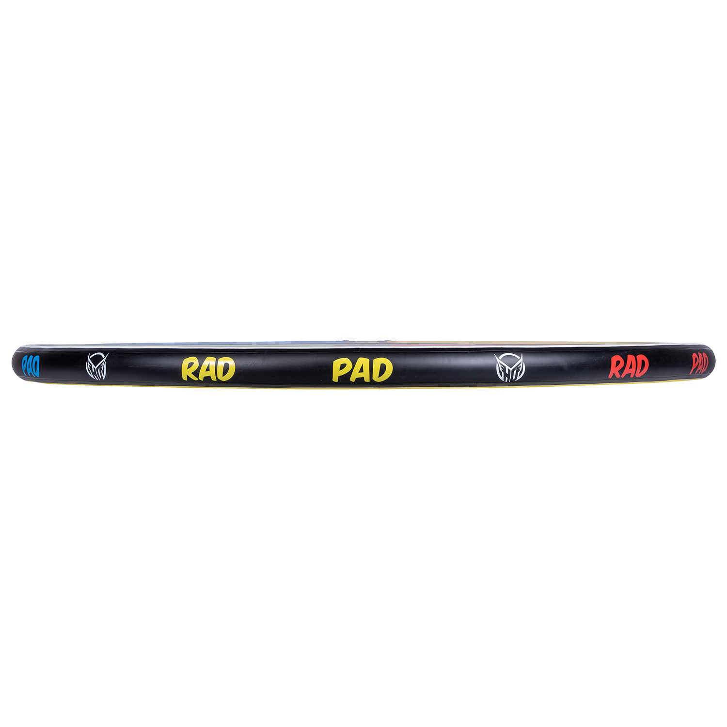 Side view of RAD PAD displaying its black inflatable edge with "RAD PAD" text in red and yellow.